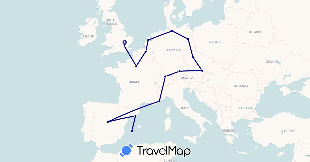 TravelMap itinerary: driving in Austria, Belgium, Switzerland, Czech Republic, Germany, Spain, France, United Kingdom, Netherlands (Europe)